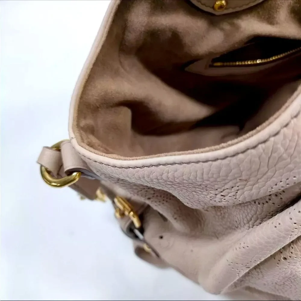 Auth Louis Vuitton Neutrals Monogram Mahina L Hobo M93123 LV Handbag Beige Purse